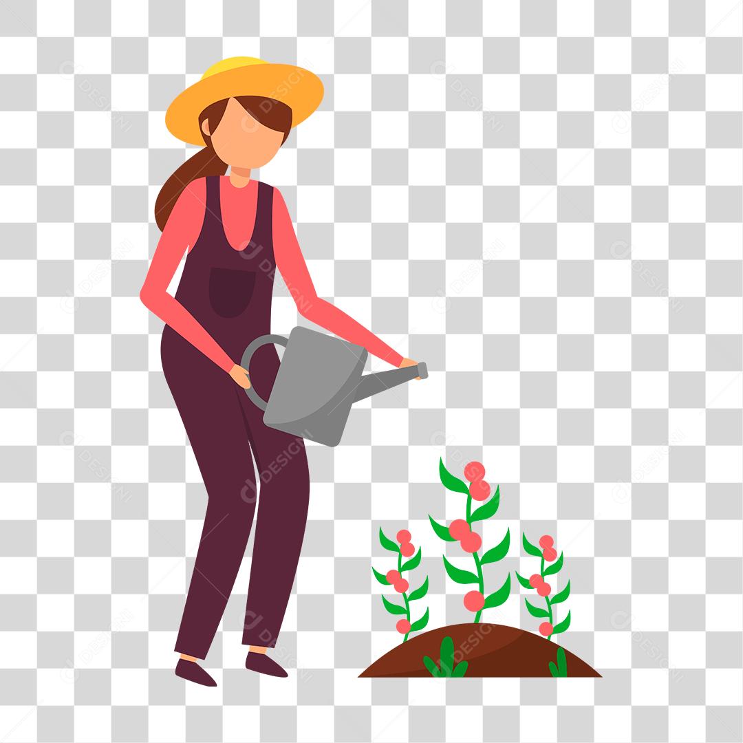 Desenho de mulher regando o jardim plantas