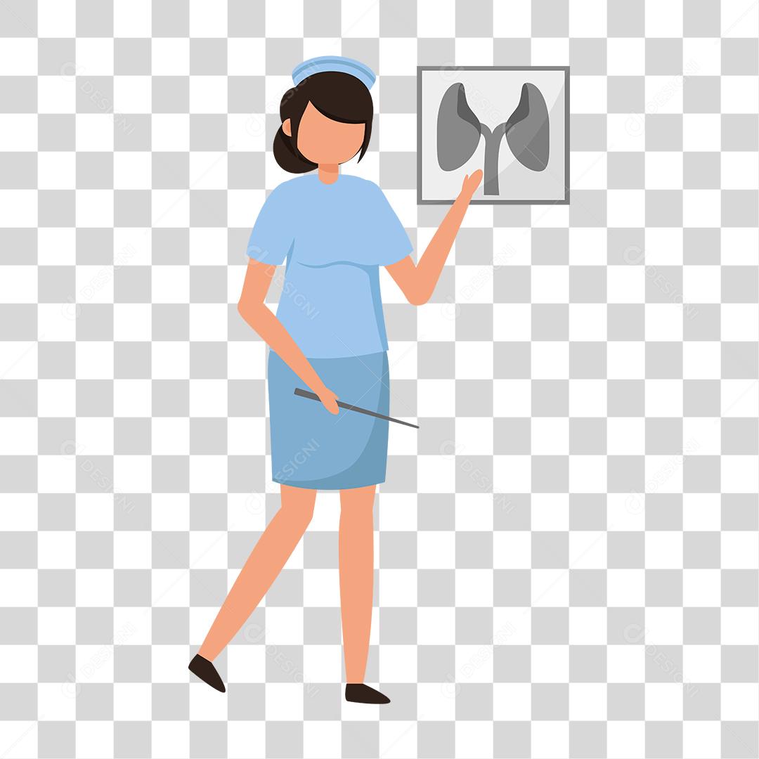 Desenho de mulher medica analisando exames de pulmão