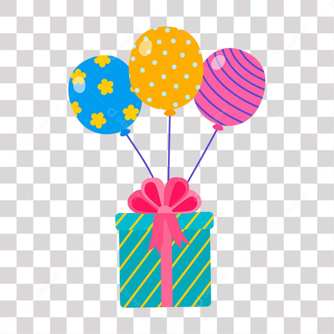 desenho de  caixa de  presente com balões coloridos