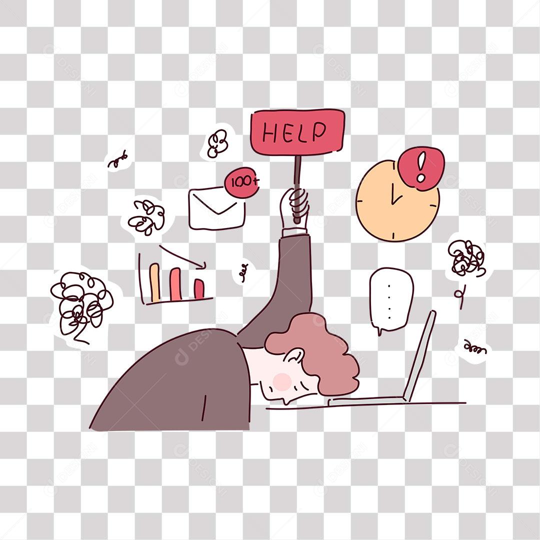 desenho de homem trabalhando exausto em escritório com muito cansaço