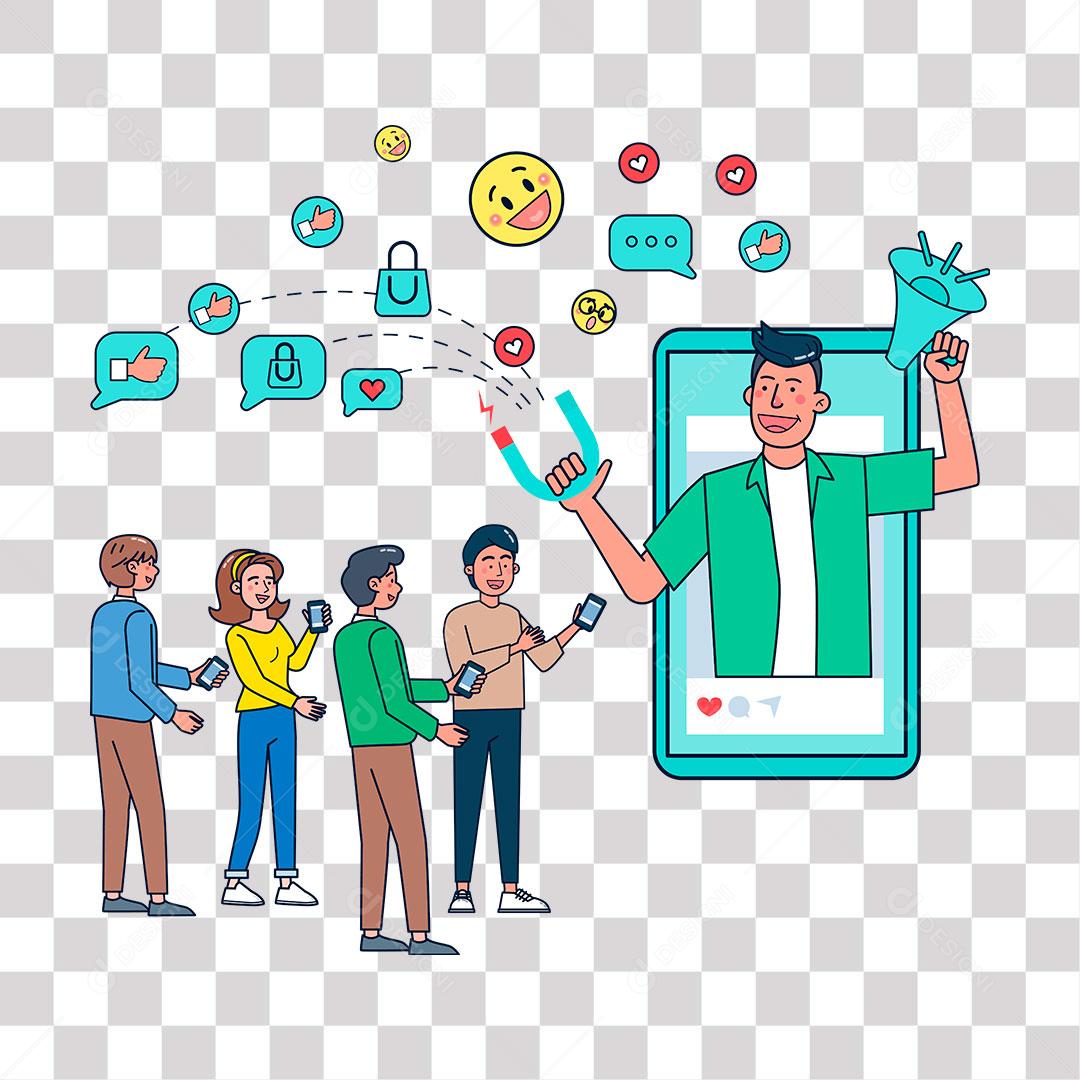 desenho de pessoas assistindo publicação online  via celular