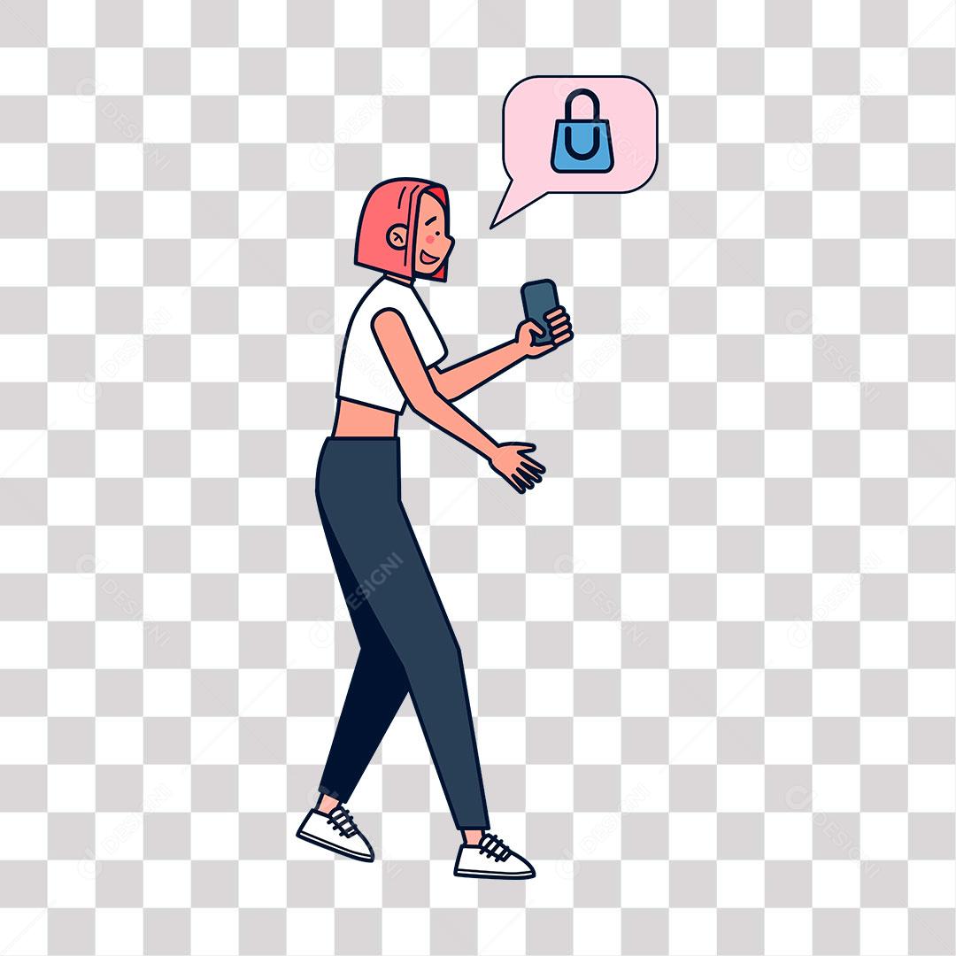 desenho de mulher olhando imagem de bolsa no celular