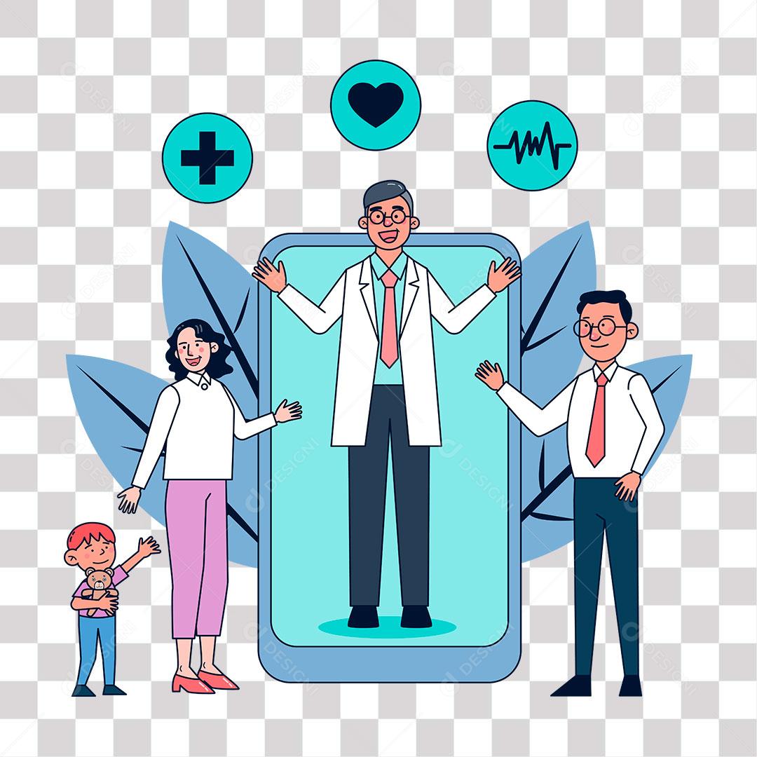 desenho de  medico e pacientes consulta online