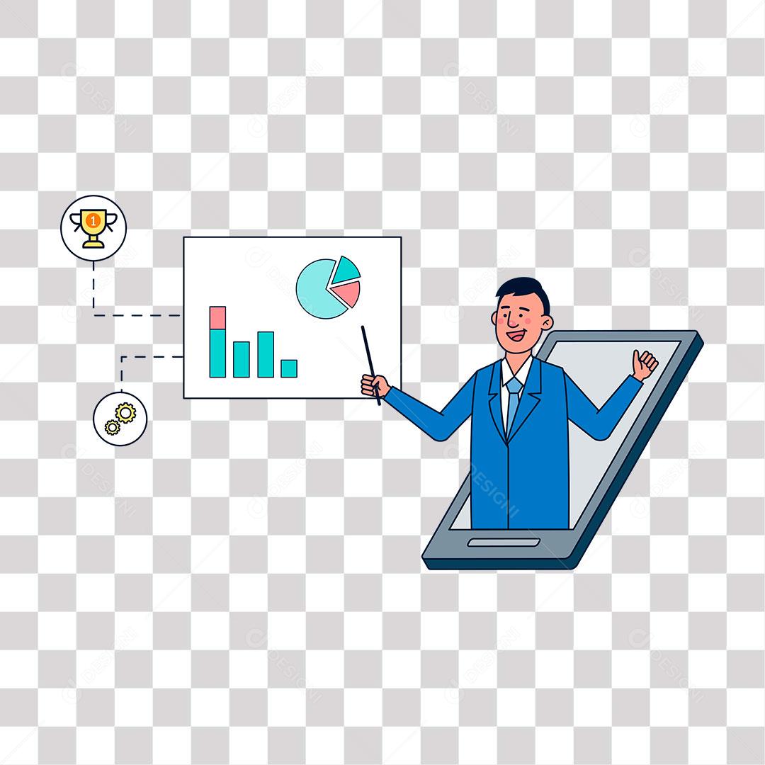 desenho de aparelho celular com homem trabalhando online com gráfico