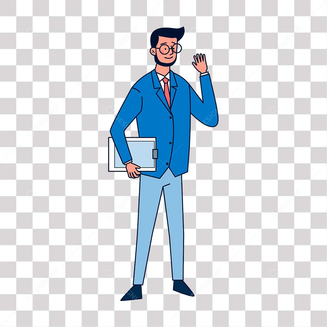 desenho e homem com planilha de anotação  nas mãos