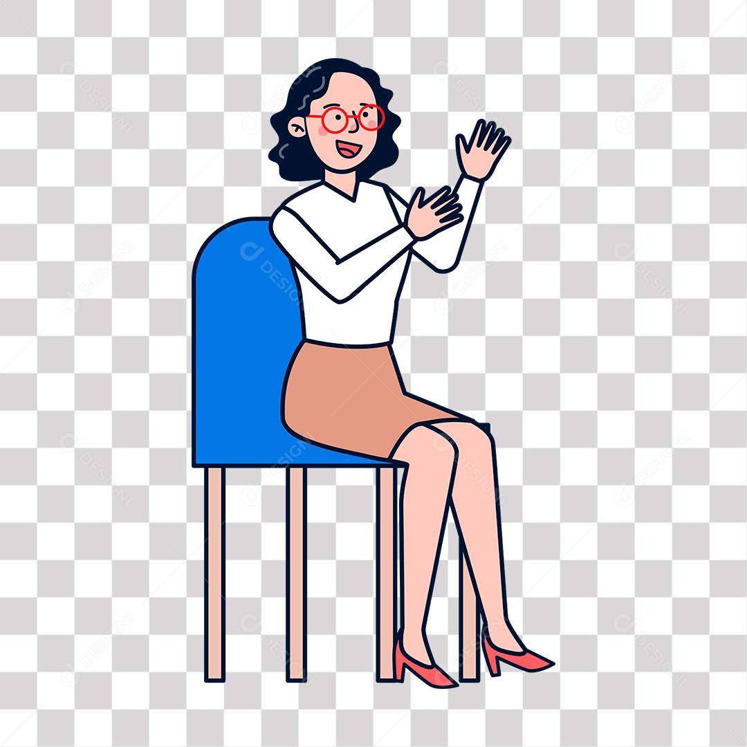 Desenho de mulher sentada conversado em entrevista