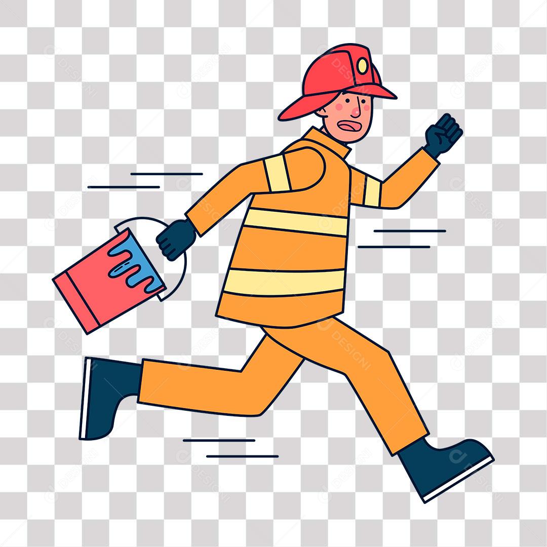 desenho de bombeiro correndo com balde de água
