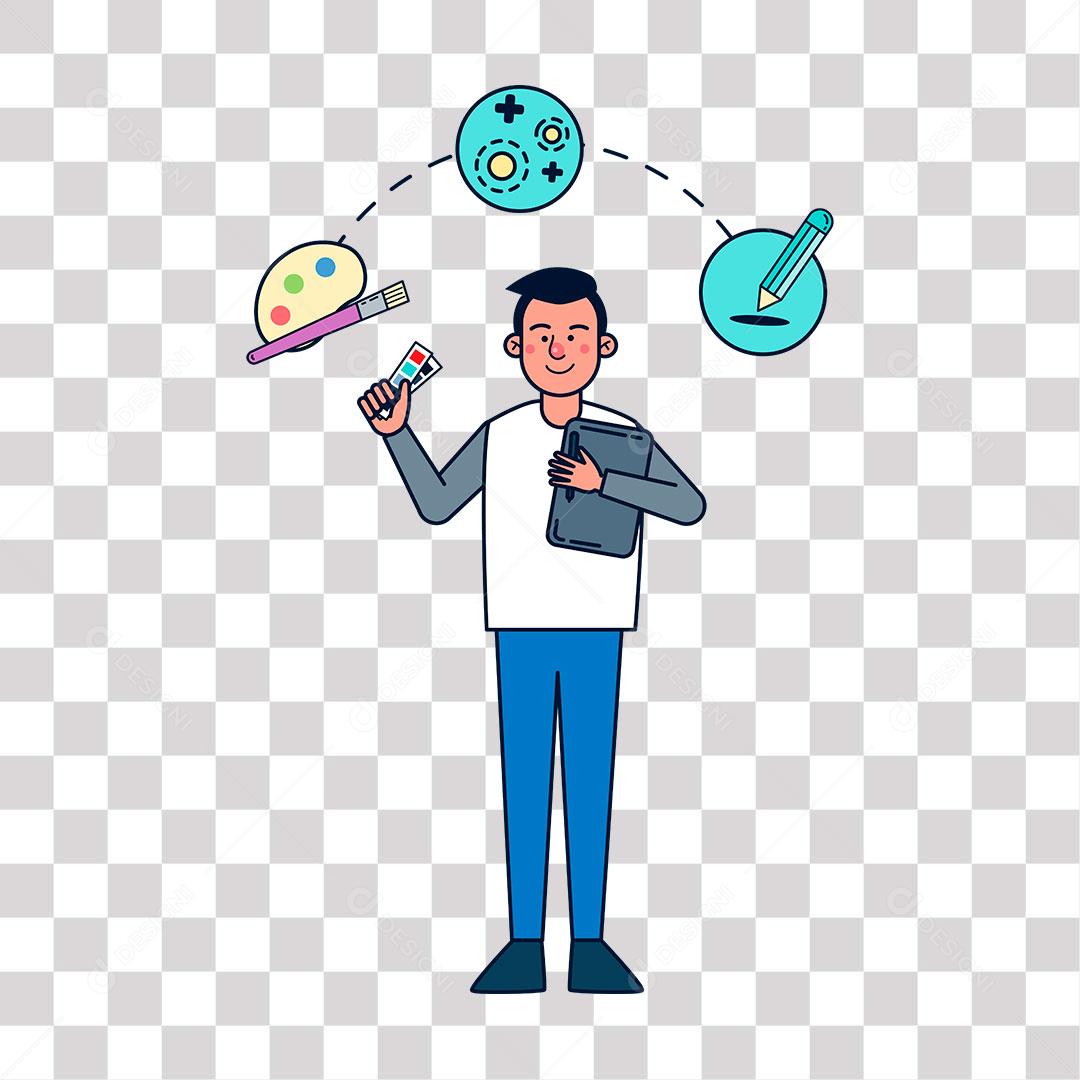 desenho de artista com objetos de trabalho nas mãos