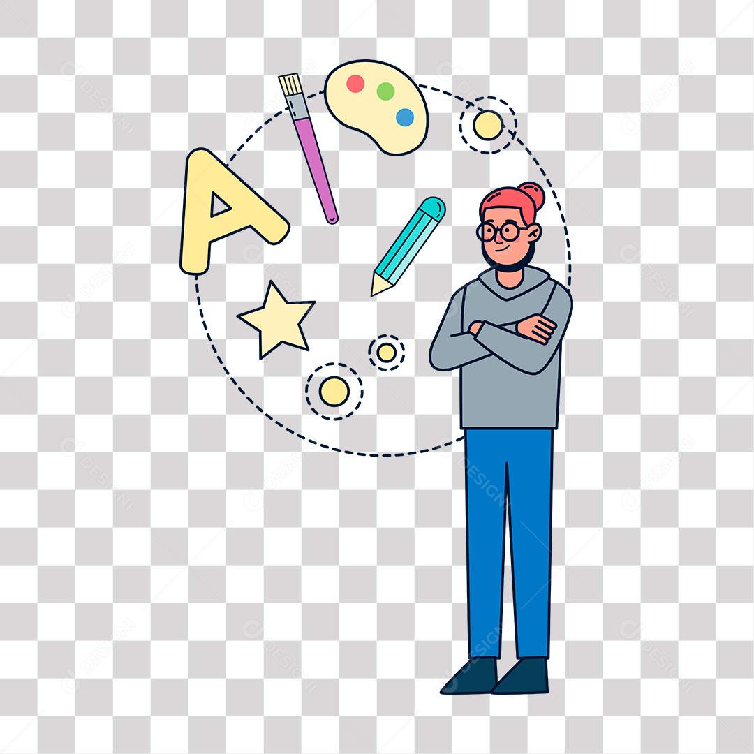 desenho de artista com objectos de trabalho ao seu redor