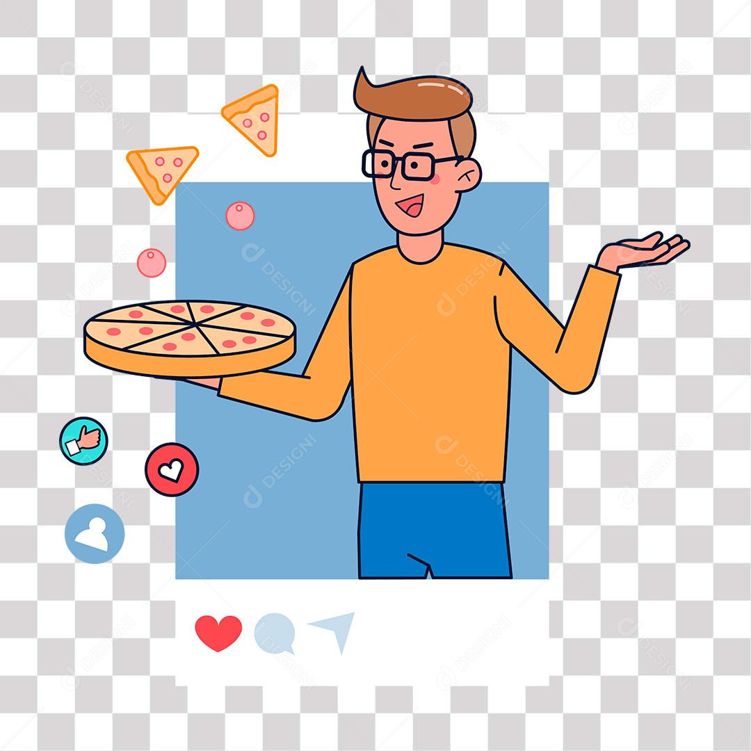 desenho de publicação de homem com pizza e varias curtidas