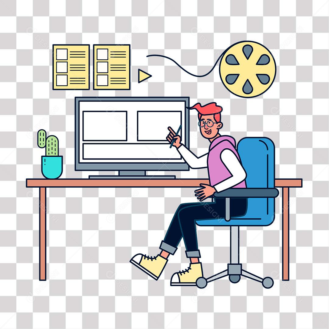 desenho de homem trabalhando em escritório com designi de imagens