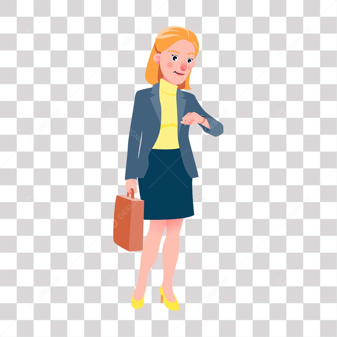 desenho de secretaria com maleta nas mãos e olhando as horas