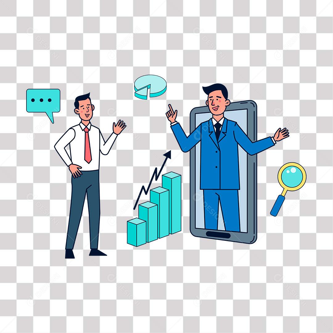 desenho de consultor gráfico negociando com cliente online