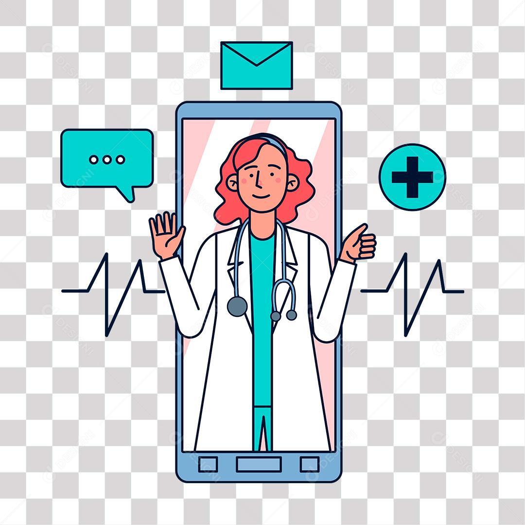 desenho de doutora fazendo contato pelo celular com paciente