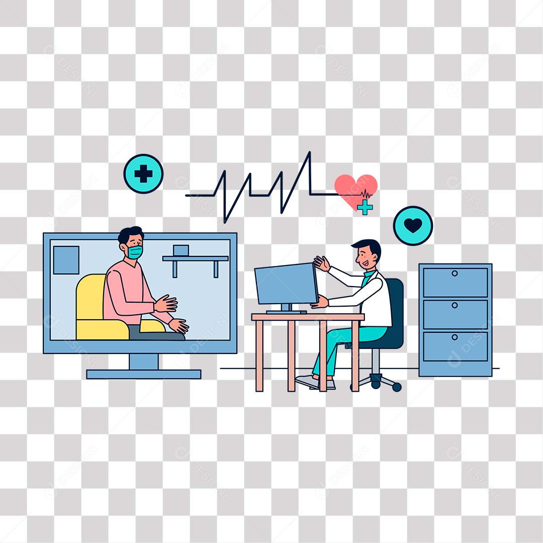 desenho de doutor fazendo consulta online pelo computador