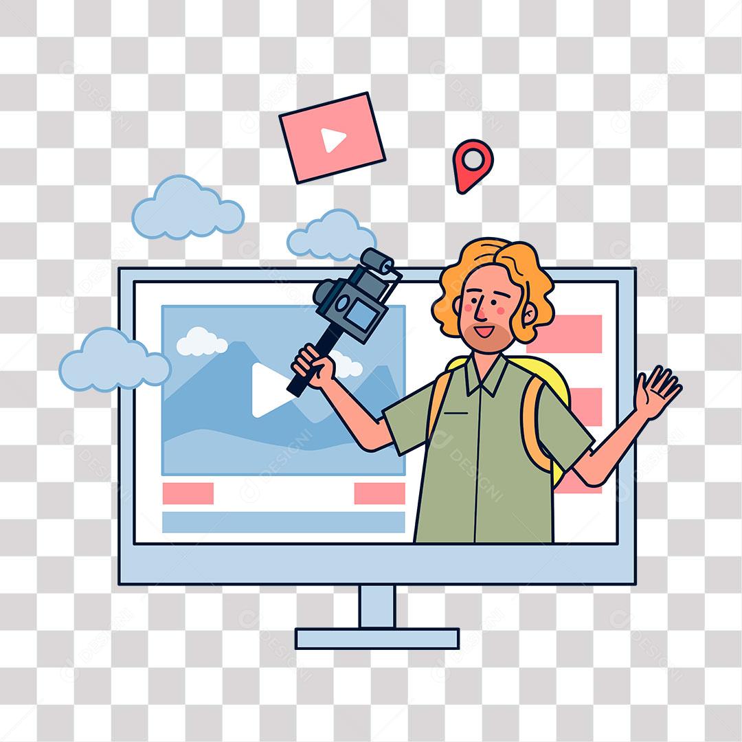 desenho de monitor com video de homem apresentando canal da Internet