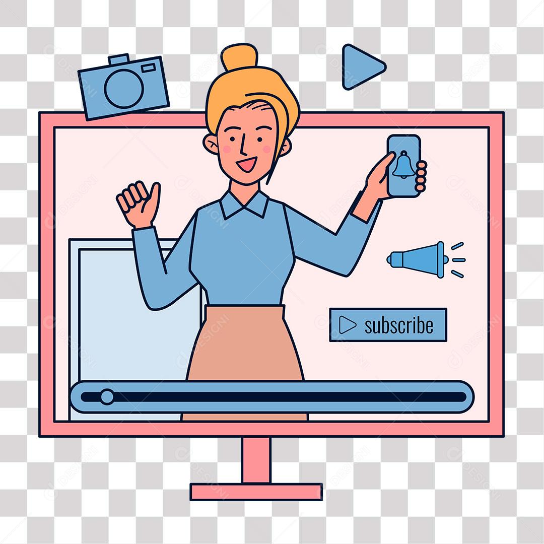 desenho de tv com video de mulher apresentando celular e camera de video