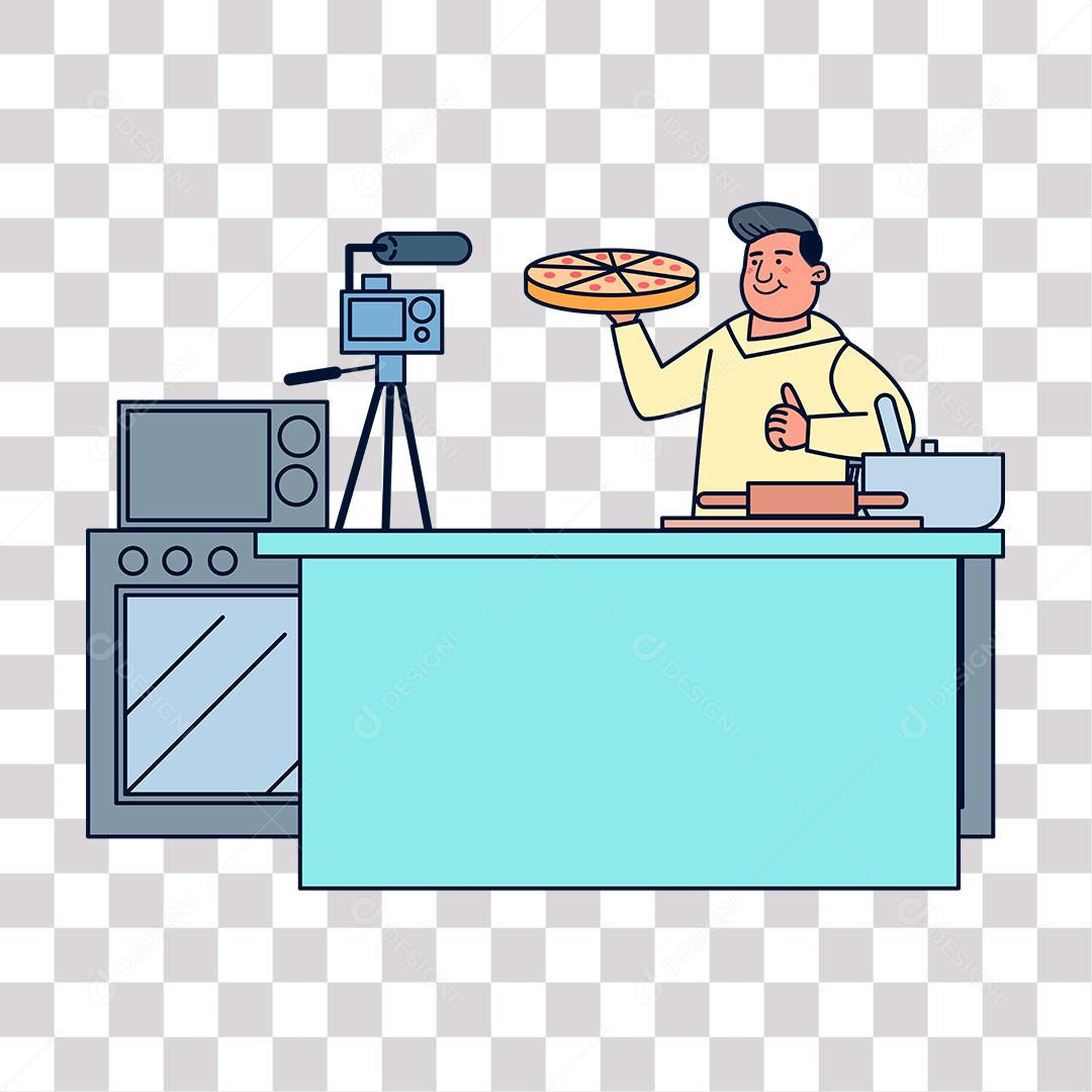 desenho de homem fazendo video de culinária  de comida