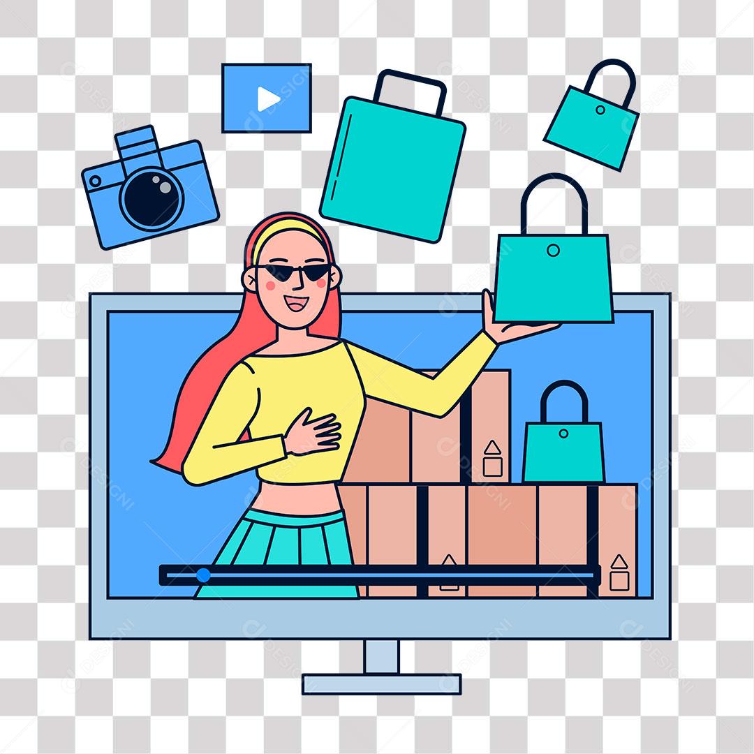 desenho de monitor com video de mulher fazendo compras e tirando fotos