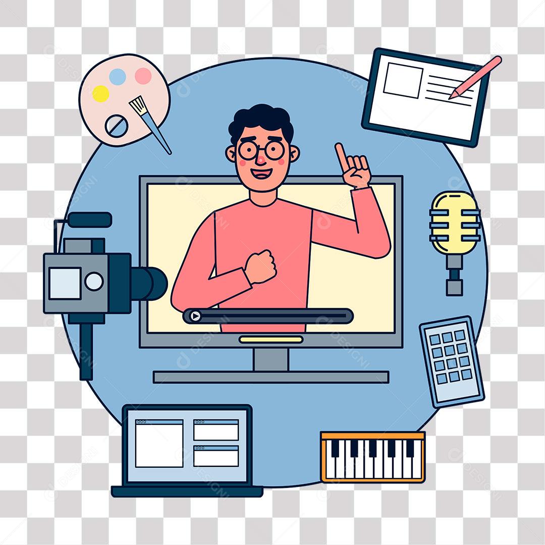 desenho de monitor com video de homem fazendo comentários de coisas