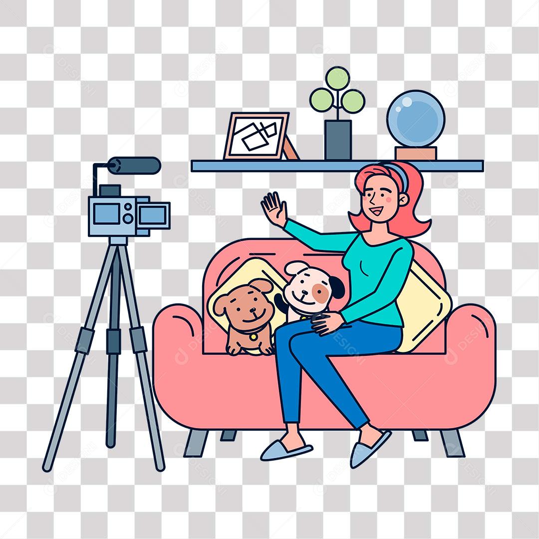desenho de mulher fazendo video com seus cães na sala de casa