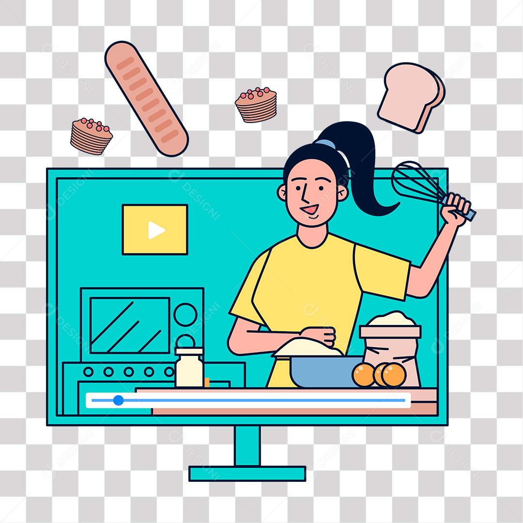 desenho de monitor com video de mulher ensinando a cozinhar