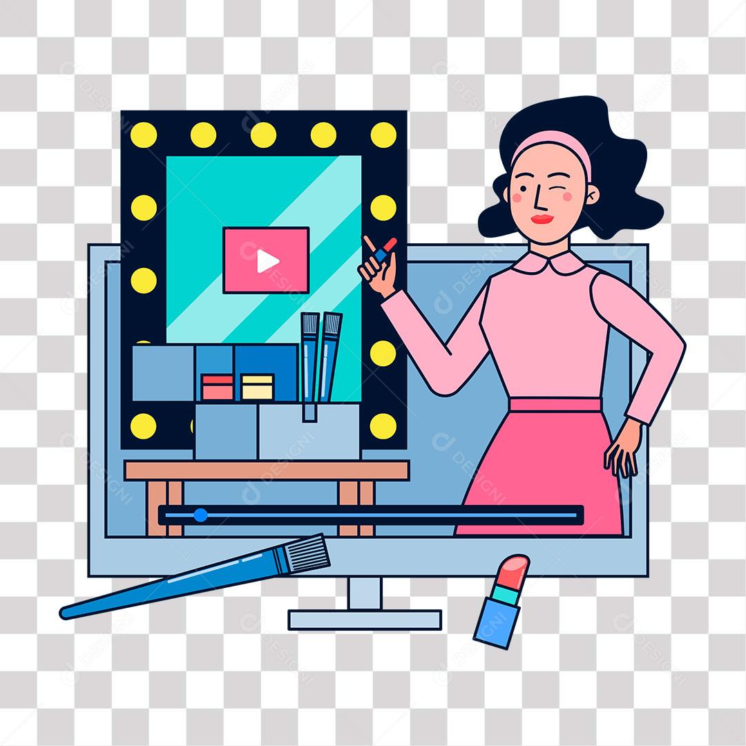 desenho de monitor com video de mulher ensinado como fazer maquiagem