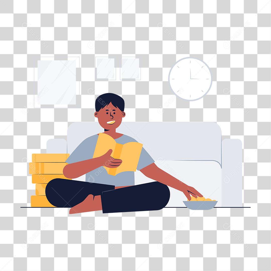 Desenho de pessoa sentado comendo lendo livro