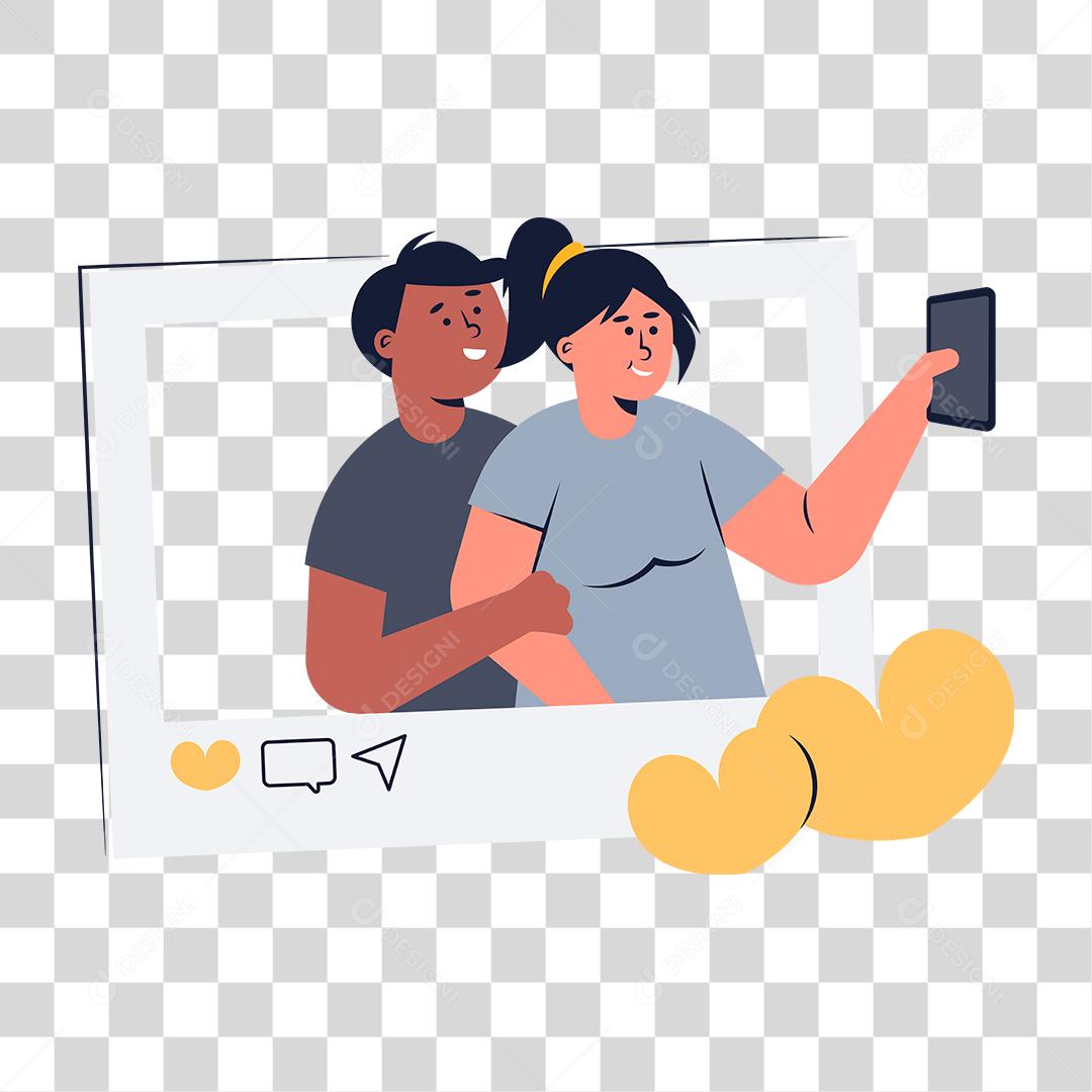 Desenho casal tirando selfie para posta redes sociais