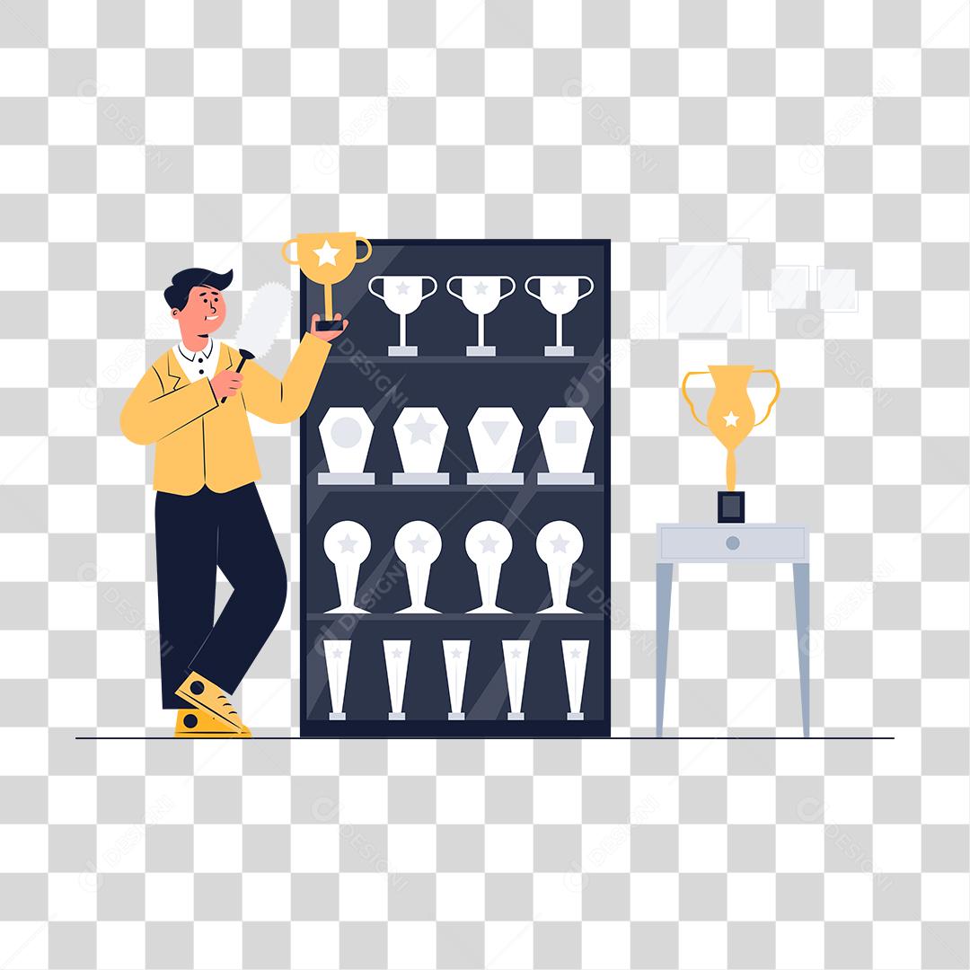 Desenho de homem olhando seus troféu