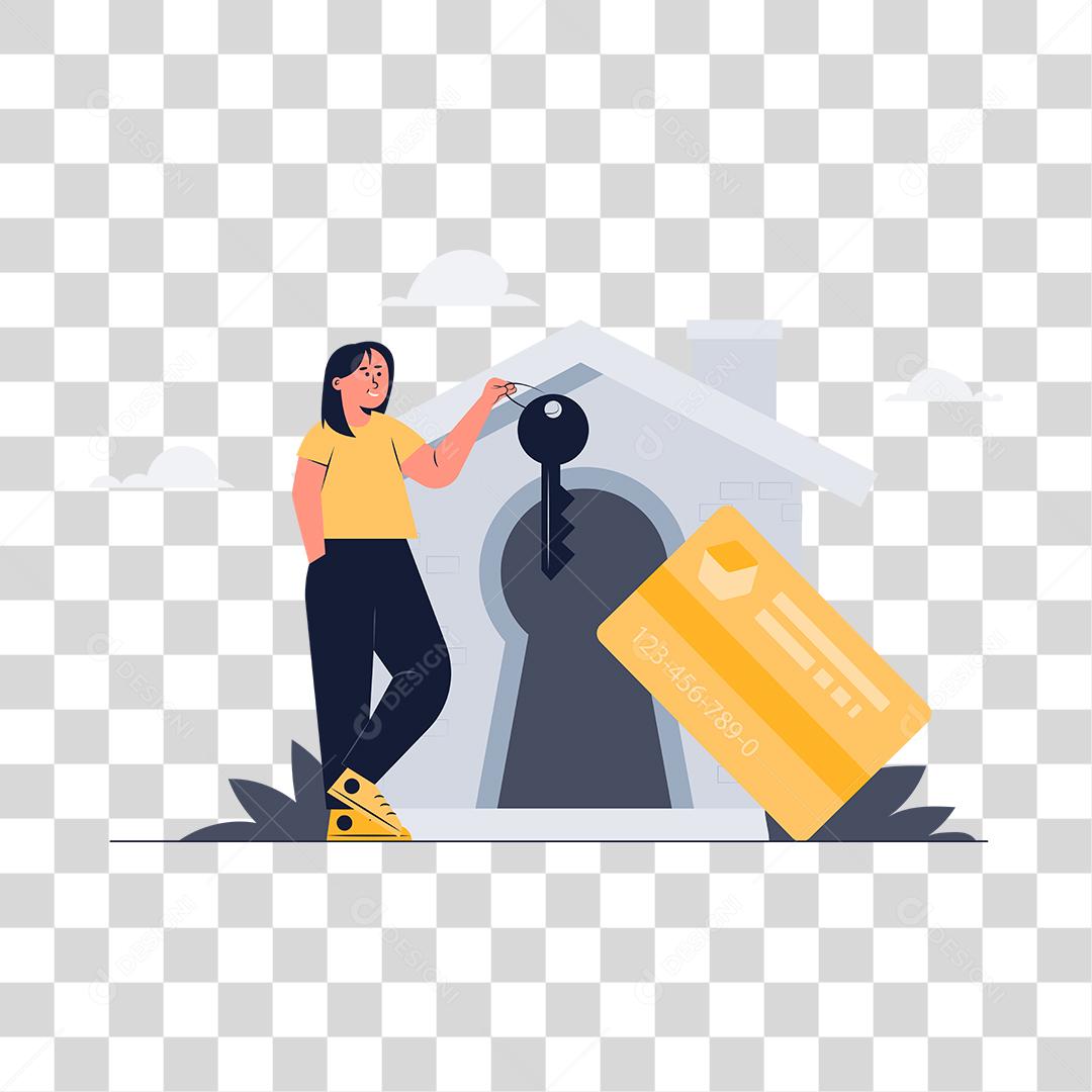 Desenho de pessoa Conceito de pessoa comprou uma casa cartão bancário