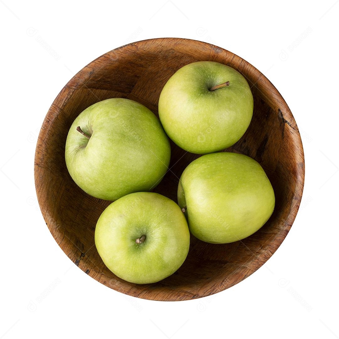 Maçãs verdes em uma tigela isolada sobre fundo branco.