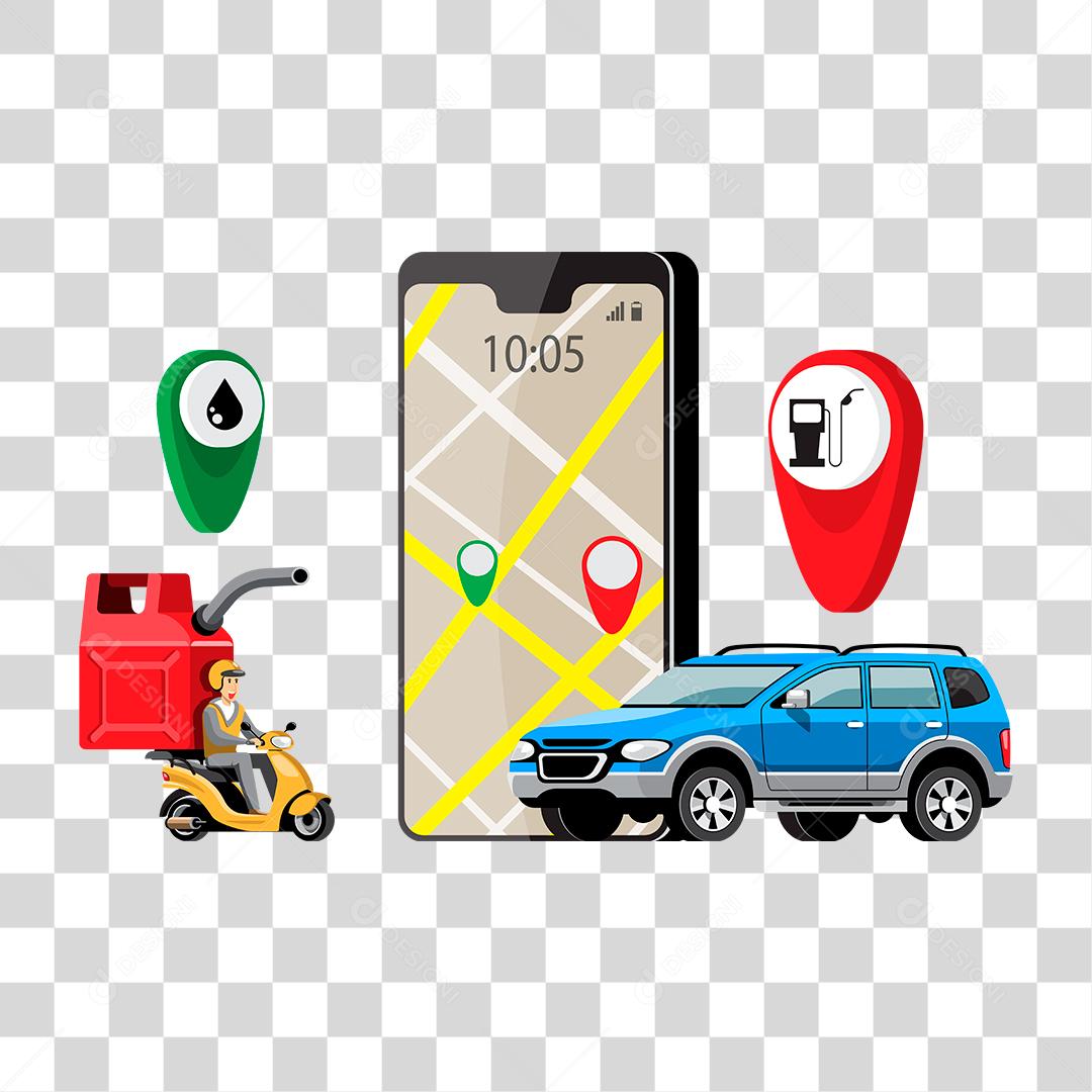 Desenho de carro e moto procurando o posto mais próximo