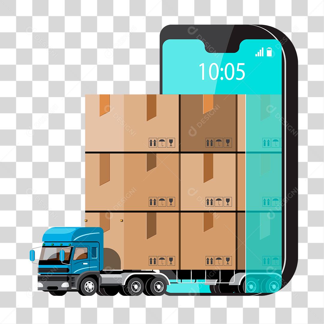 Desenho de caminhão carregado de entregas caixas celular compras Online