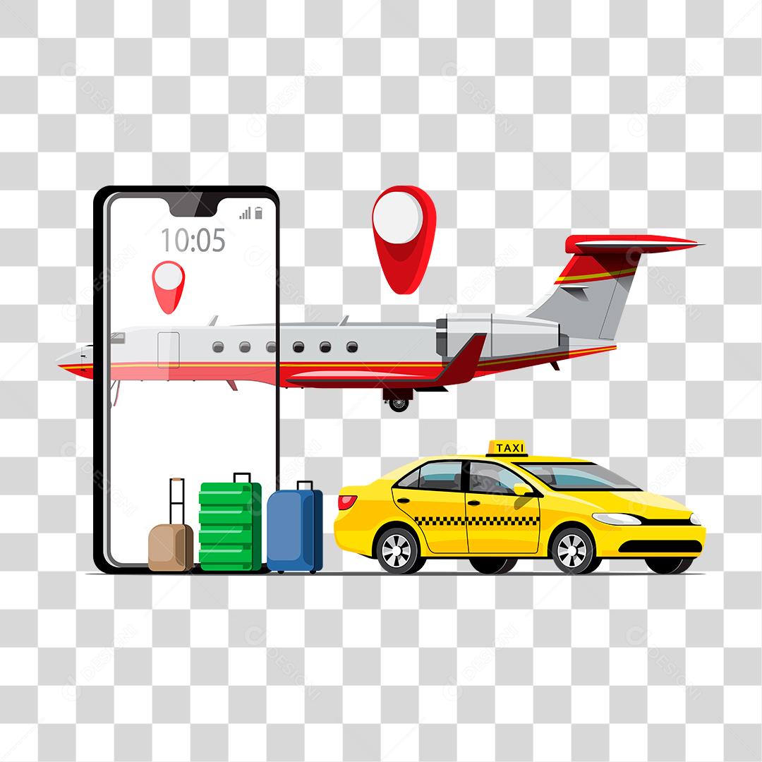 Desenho de pessoa levando passageiros aeroporto taxi