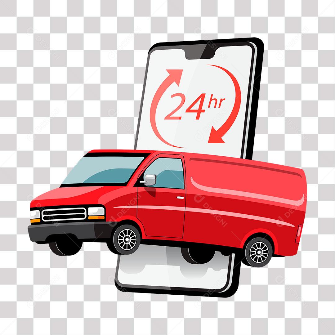 24-hour online food delivery van cartoon