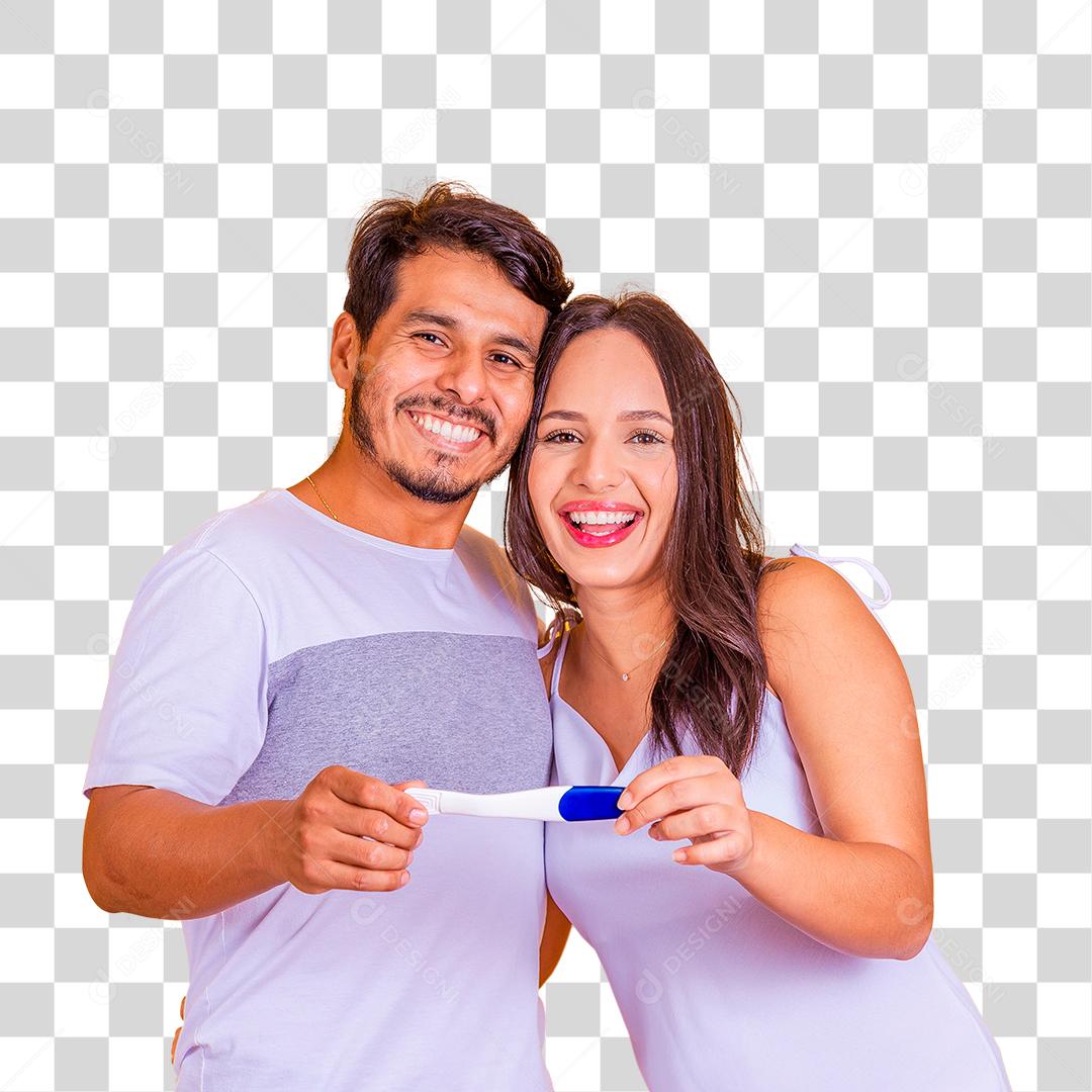 Feliz casal animado fazendo teste de gravidez positivo e comemorando