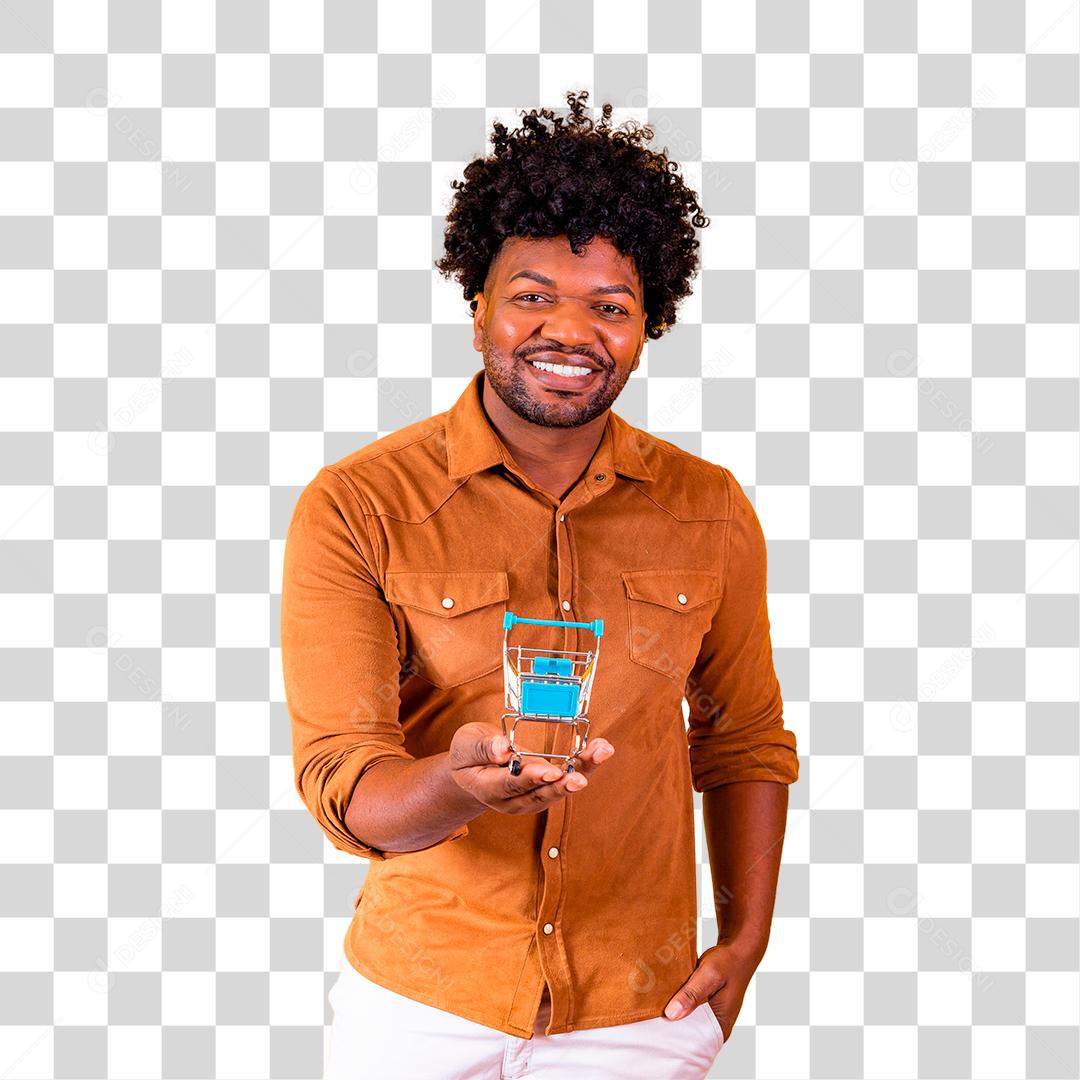 Homem moreno segurando um mini carrinho de compras