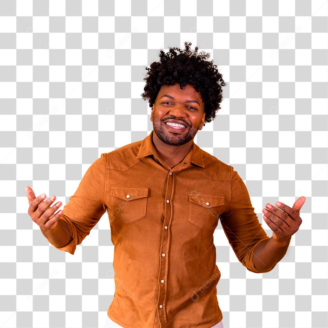 Homem afro brasileiro, com gesto chamando