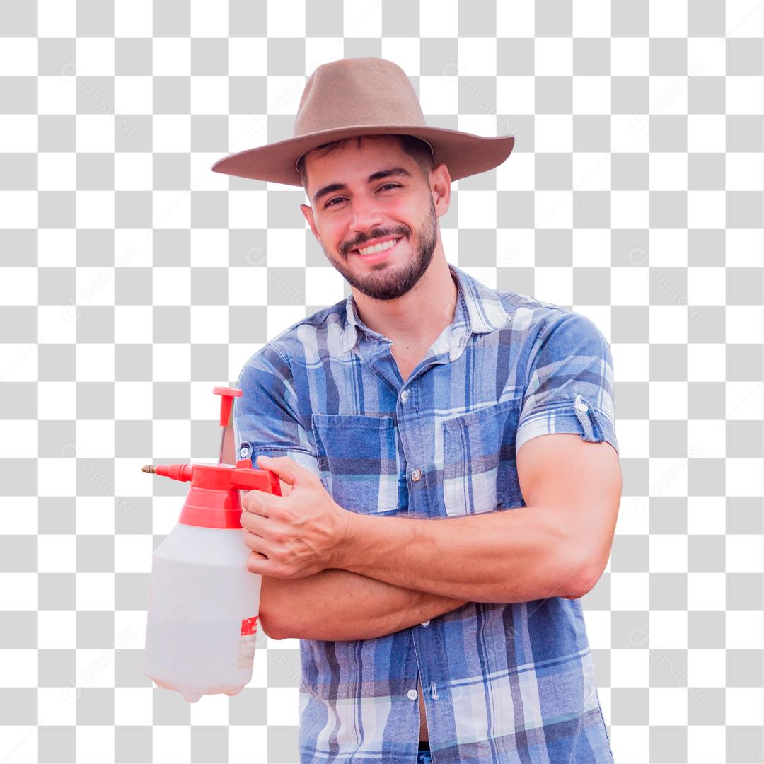 Homem agricultor batendo veneno na plantação