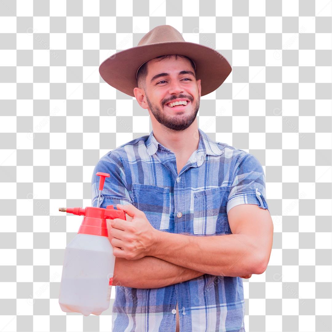 Homem agricultor batendo veneno na plantação