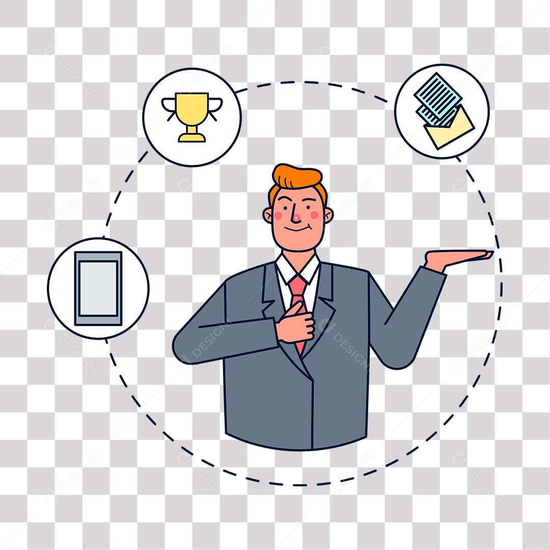 desenho de empresario com balões ao seu redor de suas funções