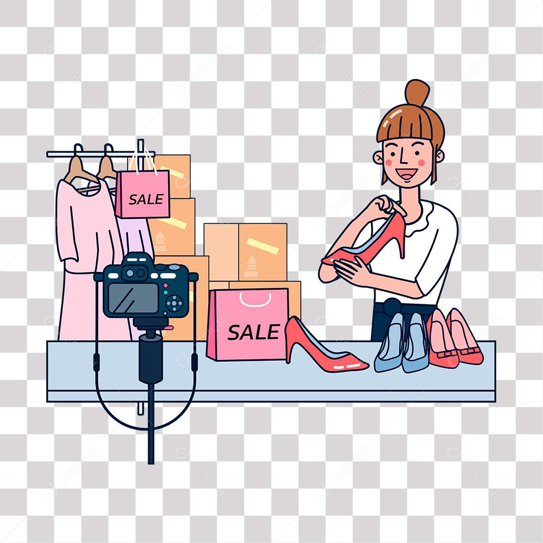 desenho de mulher filmando calçados femininos