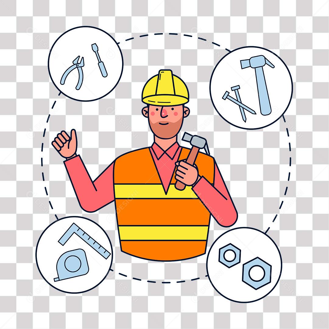 desenho de construtor de obras com martelo e chasves de trabalho a sua volta