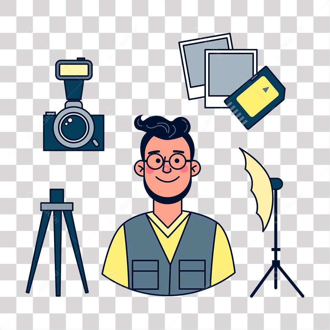 desenho de fotografo com objectos a sua volta de trabalho