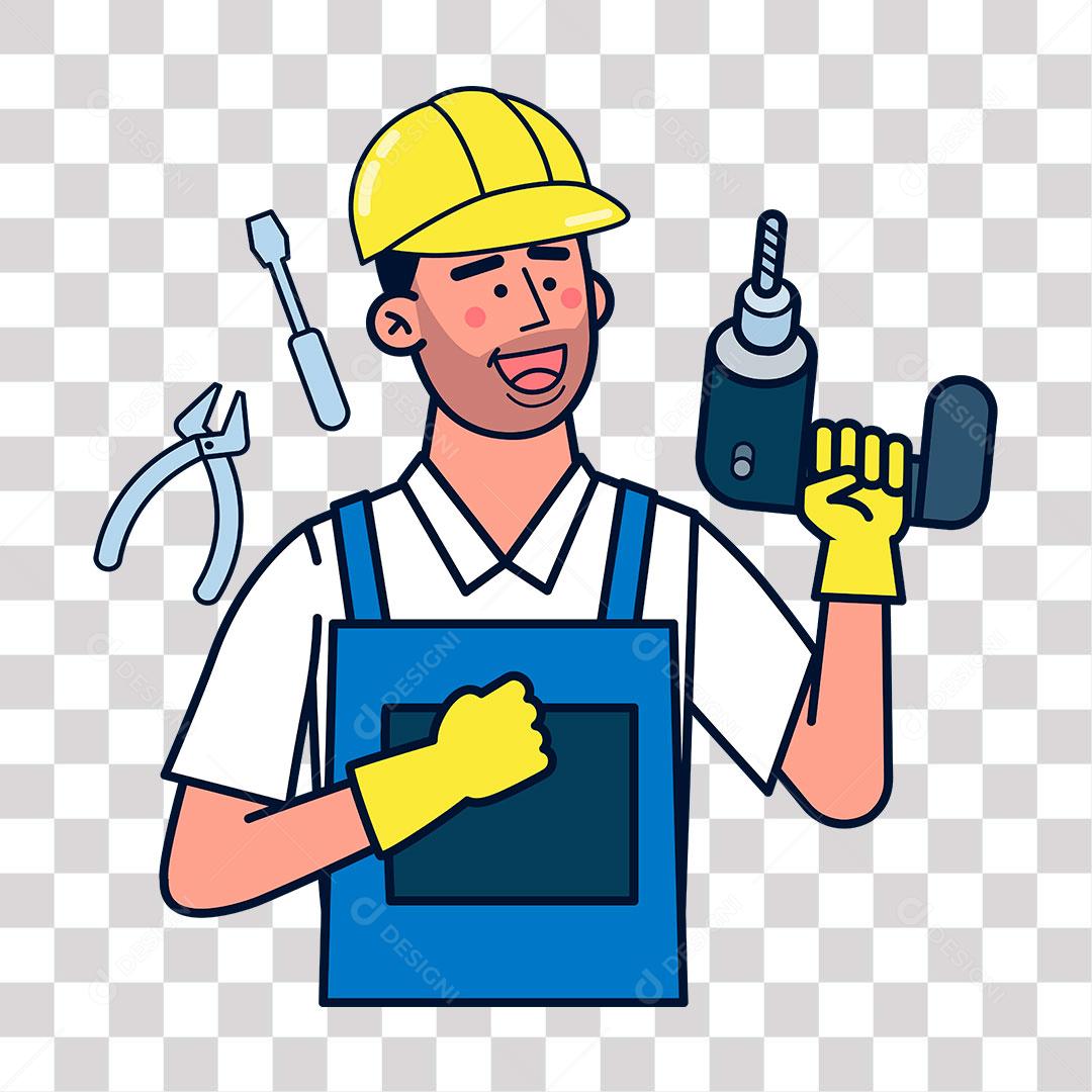 desenho de montador de moveis com furadeira e chaves de trabalho