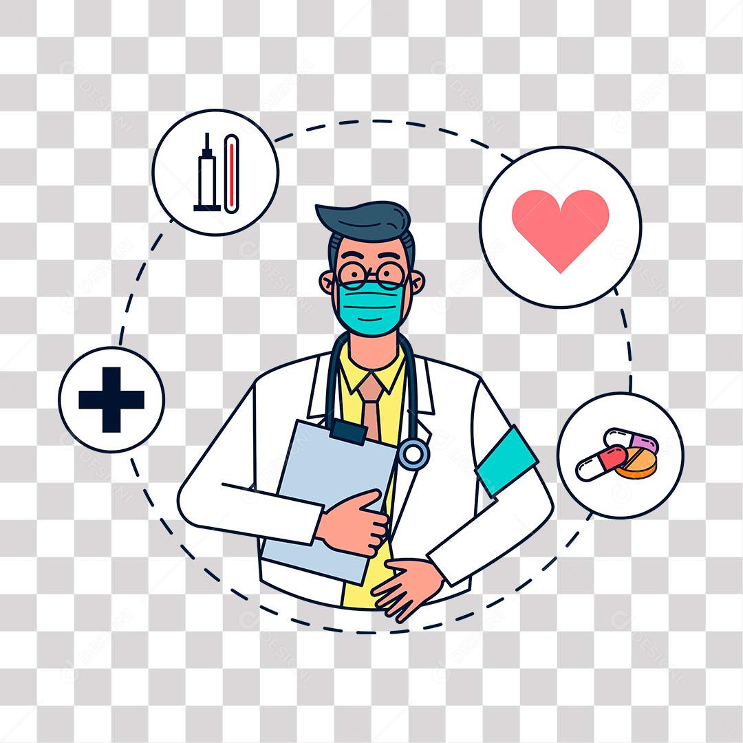 desenho de douto coma mascara de proteção e balões com suas funções