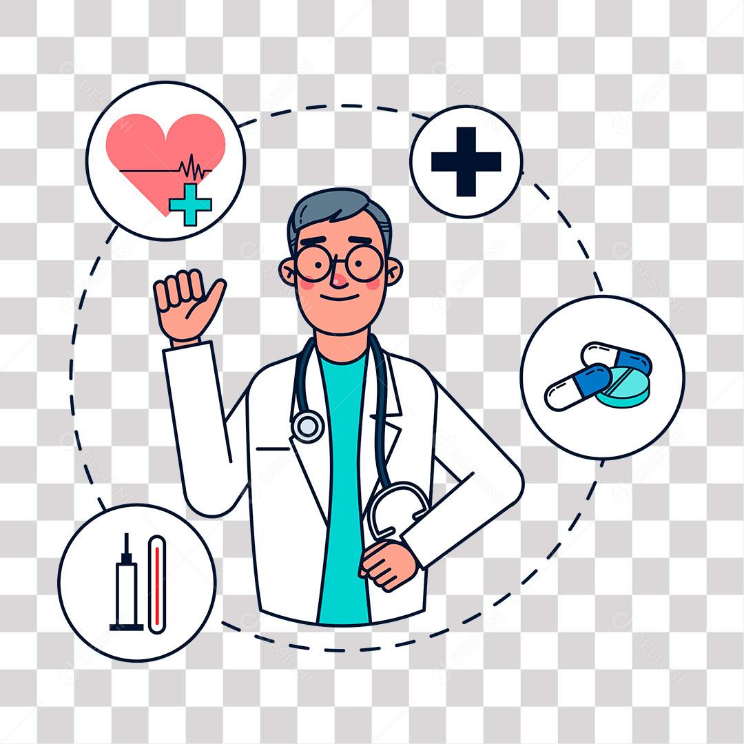 desenho de medico e balões que mostram suas funções
