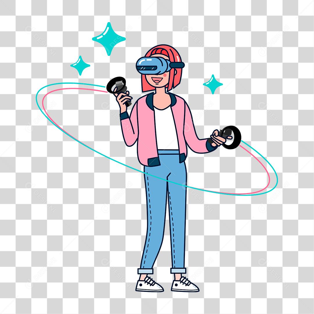 Desenho de mulher jogando com óculos realidade virtual