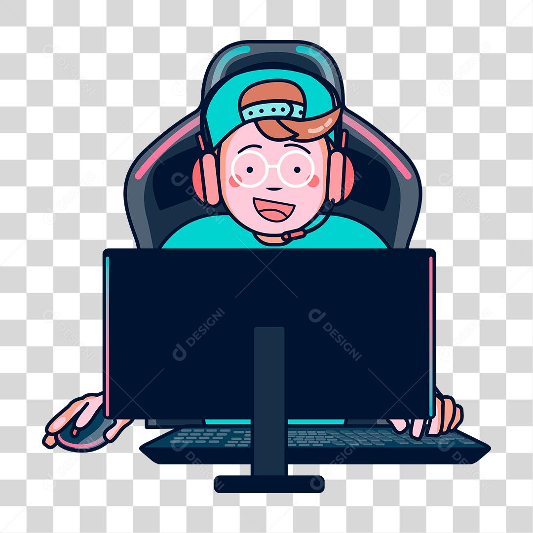 Desenho de Homem se divertindo sobre um computador jogando
